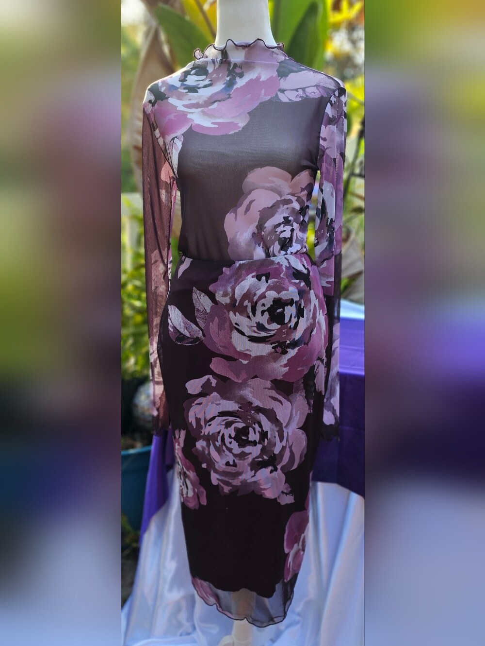 NWT Like Love Floral Mesh Top & Skirt Set Small Plum Pink 🌸